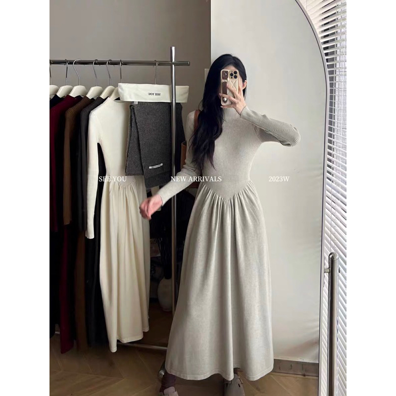 H601 Váy len eo v dài tay chân bồng