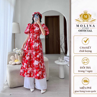 Set Áo Dài Gấm Đỏ Tay Phồng Thiết Kế Molina, Mấn Tặng Kèm Để Các Chị Em Du Xuân