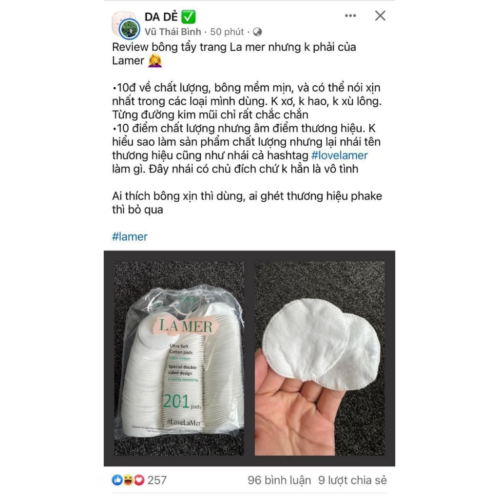 Bông tẩy trang Lamer 100% cotton loại 60 miếng , 120 miếng và 201 miếng