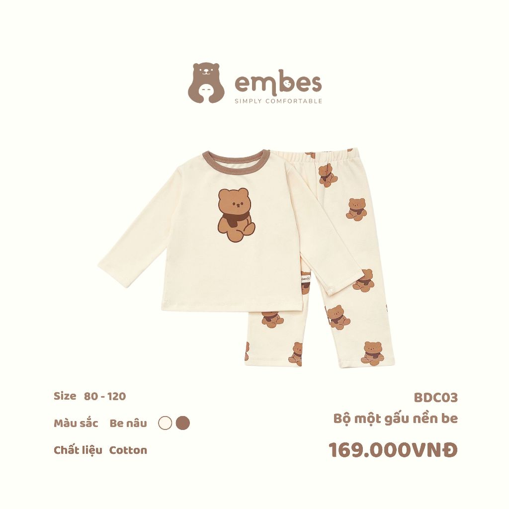 Bộ thun cotton dài tay cho bé trai bé gái Embes Việt Nam từ 9-19kg