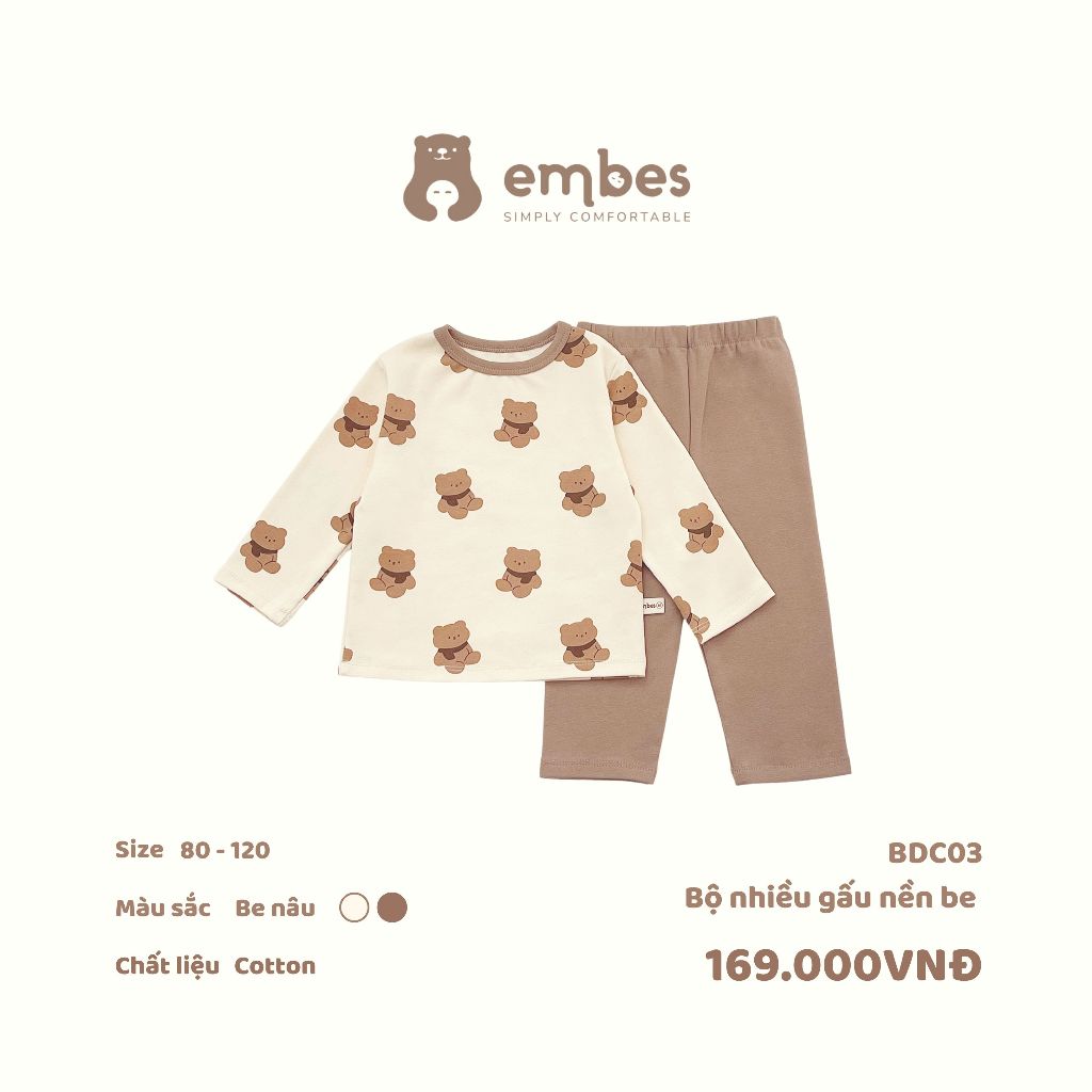 Bộ thun cotton dài tay cho bé trai bé gái Embes Việt Nam từ 9-19kg
