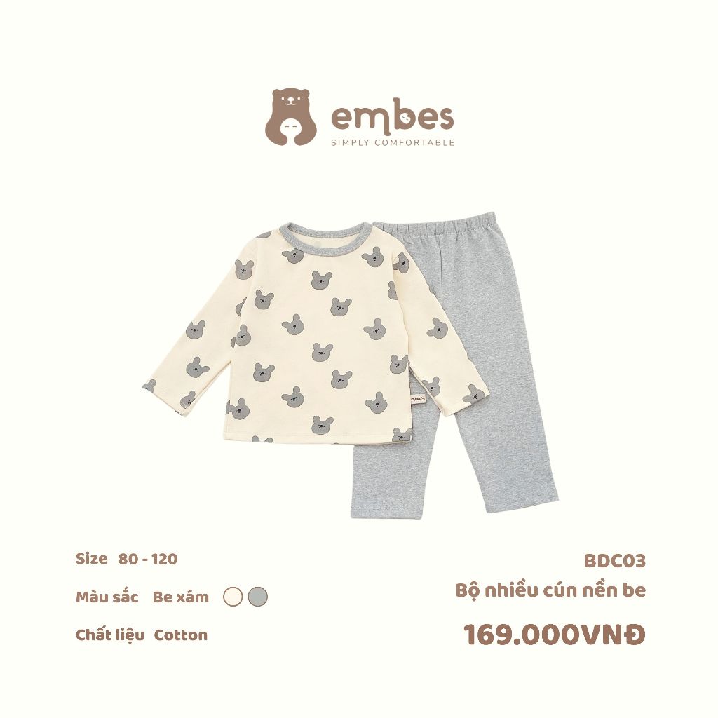 Bộ thun cotton dài tay cho bé trai bé gái Embes Việt Nam từ 9-19kg