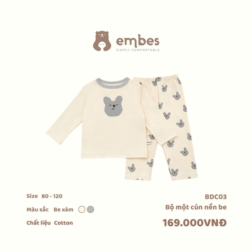 Bộ thun cotton dài tay cho bé trai bé gái Embes Việt Nam từ 9-19kg