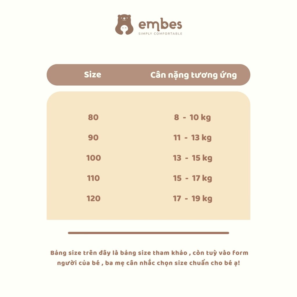 Bộ thun cotton dài tay cho bé trai bé gái Embes Việt Nam từ 9-19kg
