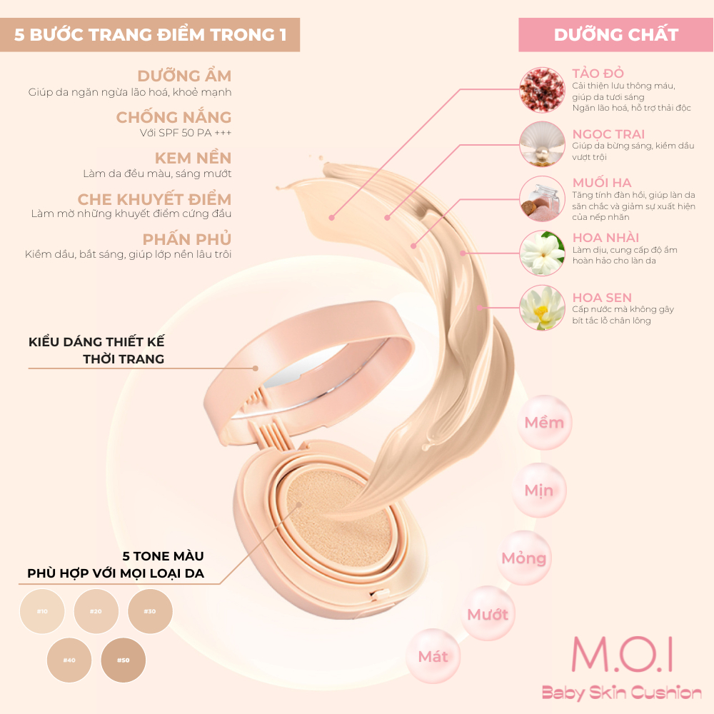 [HSD 28/03/2024] Phấn nước M.O.I Baby Skin Cushion SPF 50+ PA+++ 12g - Màu 40 và Màu 50