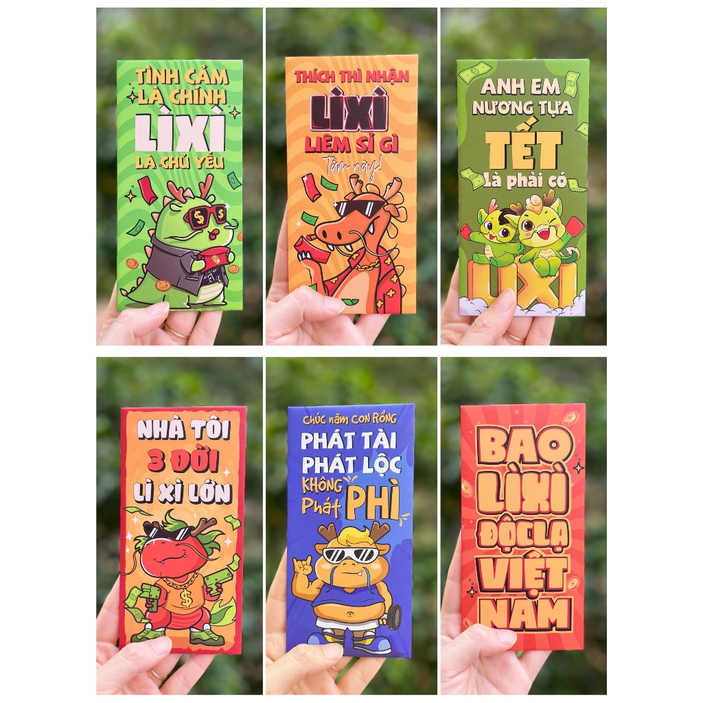 Sét 12 Bao Lì Xì Tết thiết kế đặc sắc - Hình chú Rồng ngộ nghĩnh - Giấy C150 cán mờ in sắc nét