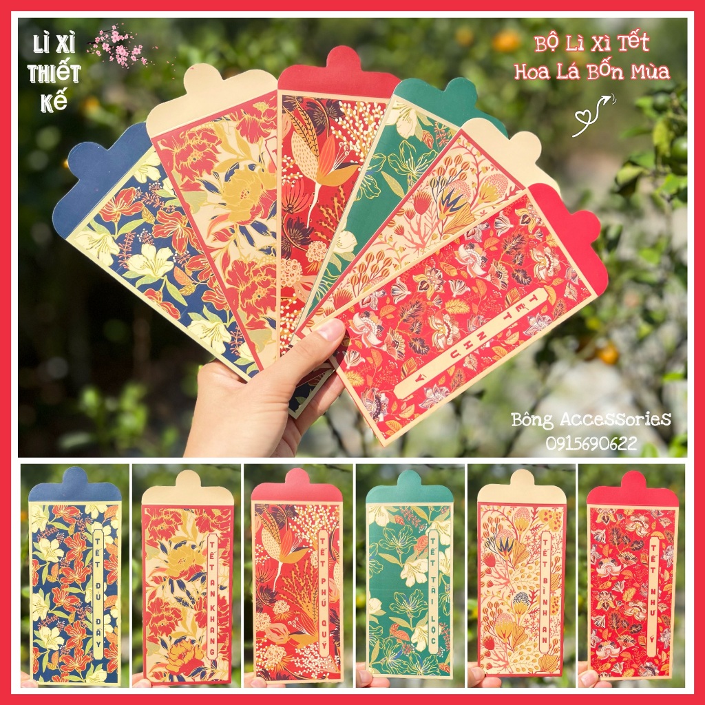 Sét 12 Bao Lì Xì Tết thiết kế đặc sắc - Hình Hoa Lá Bốn Mùa - Giấy C150 cán mờ in sắc nét
