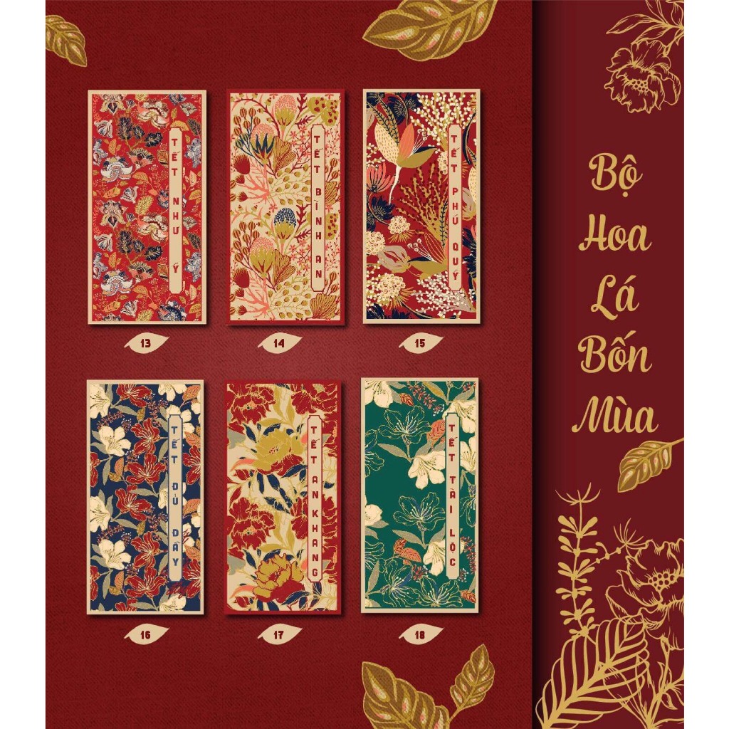 Sét 12 Bao Lì Xì Tết thiết kế đặc sắc - Hình Hoa Lá Bốn Mùa - Giấy C150 cán mờ in sắc nét
