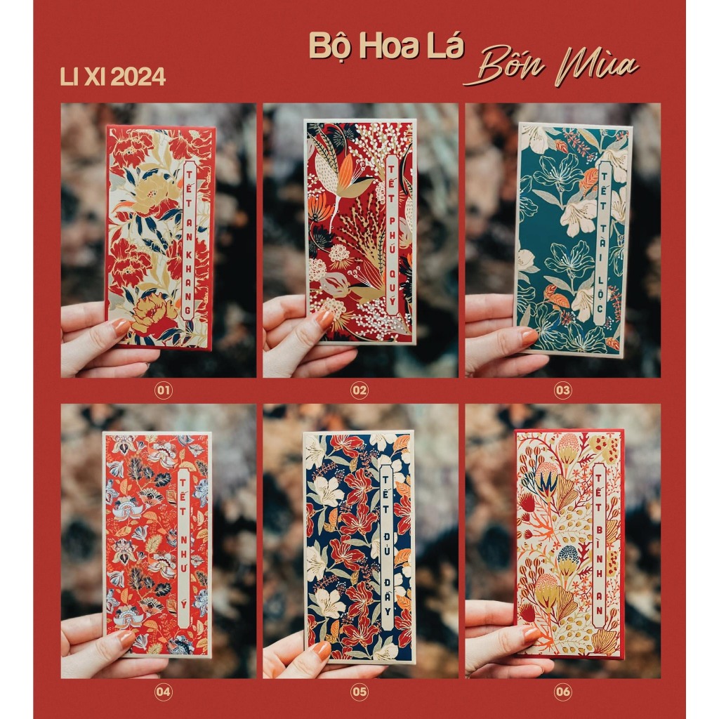 Sét 12 Bao Lì Xì Tết thiết kế đặc sắc - Hình Hoa Lá Bốn Mùa - Giấy C150 cán mờ in sắc nét