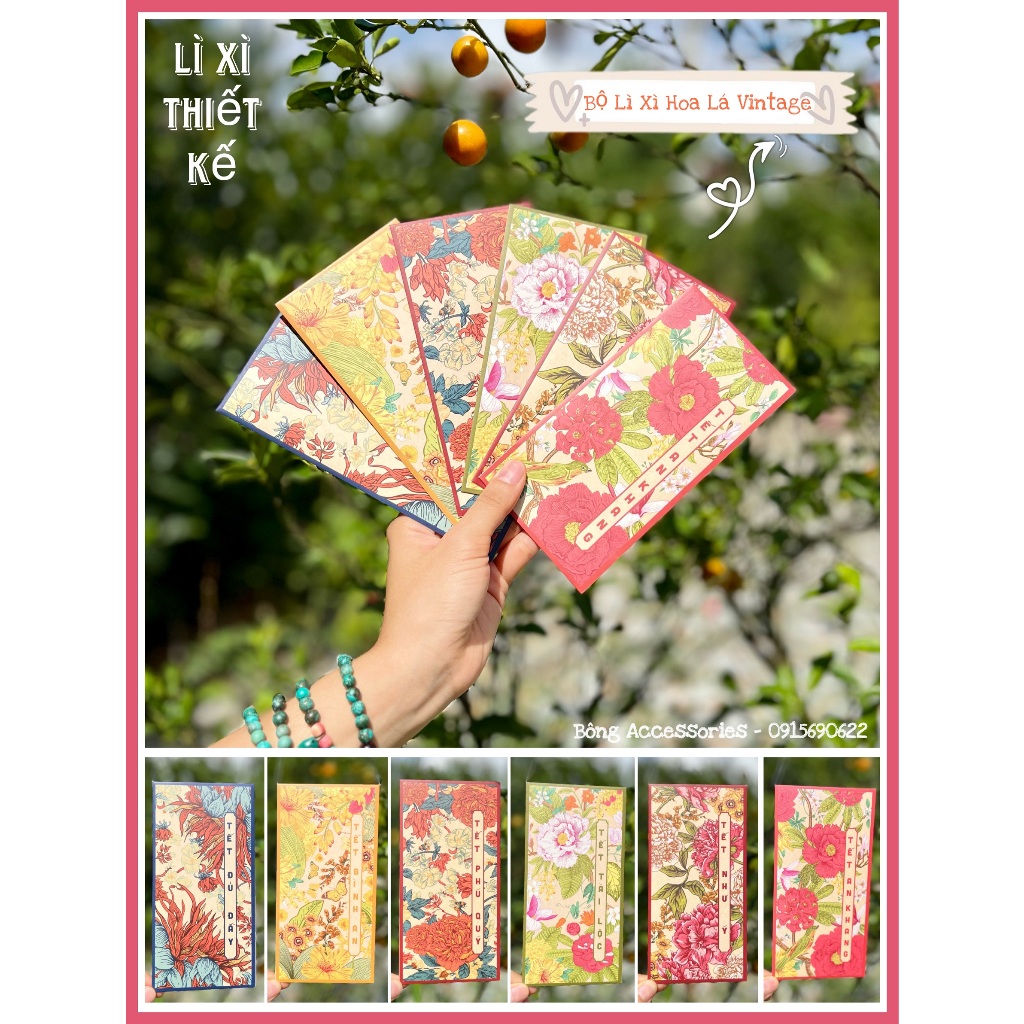 Sét 12 Bao Lì Xì Tết thiết kế đặc sắc - Hình Hoa Lá Bốn Mùa - Giấy C150 cán mờ in sắc nét