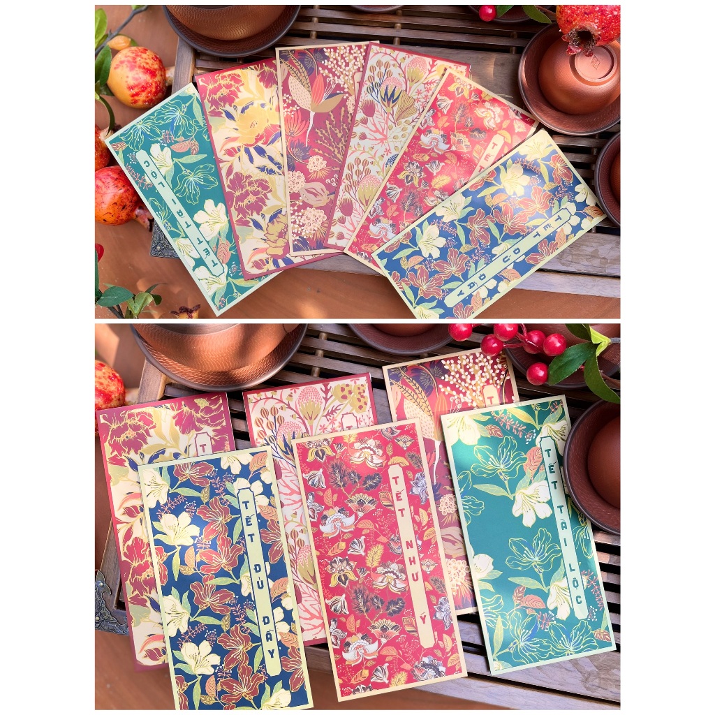 Sét 12 Bao Lì Xì Tết thiết kế đặc sắc - Hình Hoa Lá Bốn Mùa - Giấy C150 cán mờ in sắc nét