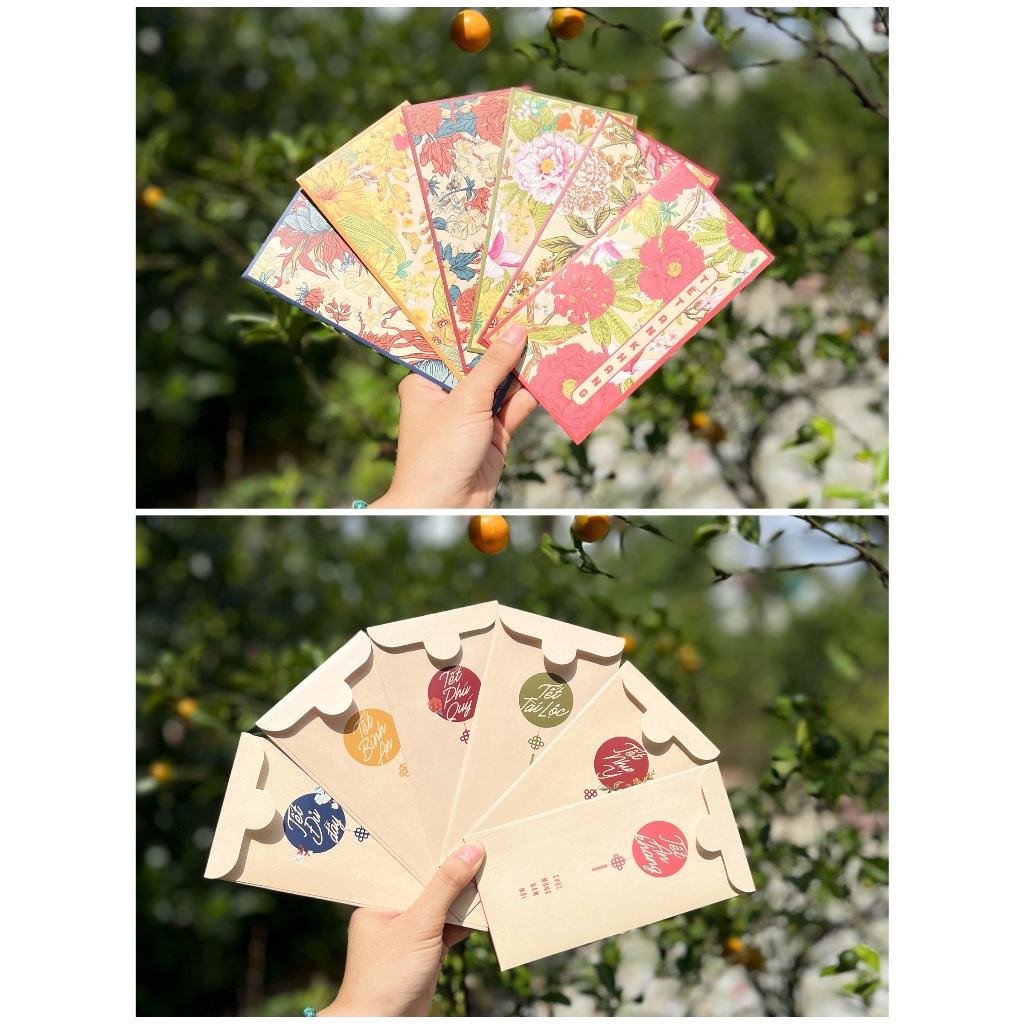 Sét 12 Bao Lì Xì Tết thiết kế đặc sắc - Hình hoa lá tài lộc phú quý - Giấy C150 cán mờ in sắc nét