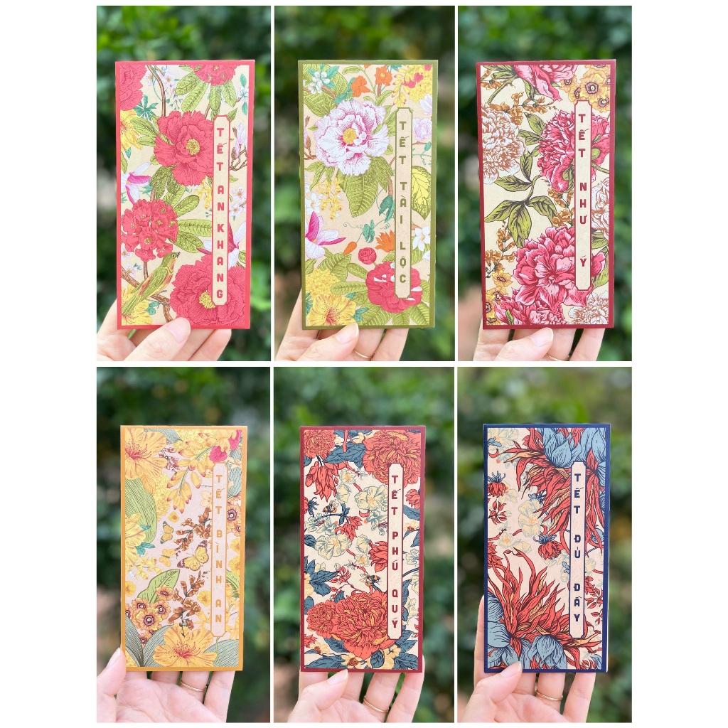 Sét 12 Bao Lì Xì Tết thiết kế đặc sắc - Hình hoa lá tài lộc phú quý - Giấy C150 cán mờ in sắc nét