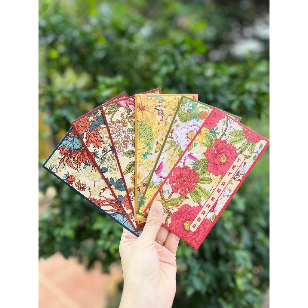 Sét 12 Bao Lì Xì Tết thiết kế đặc sắc - Hình hoa lá tài lộc phú quý - Giấy C150 cán mờ in sắc nét