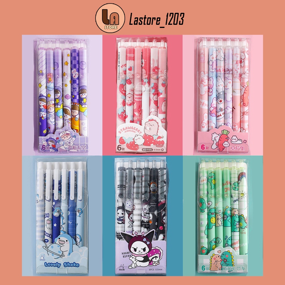 Set 6 Bút Gel bấm hoạt hình ngộ nghĩnh Mực đen 0,5 mm Hộp bút bi nước mực gel cute văn phòng phẩm