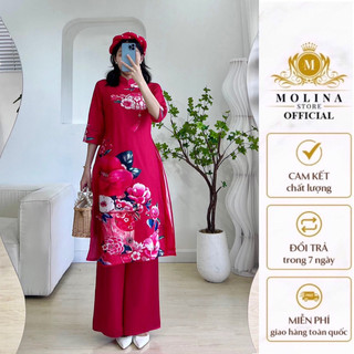 Set Áo Dài Lụa Hoạ Tiết Hoa Hải Đường Đỏ Tay Lỡ Thiết Kế Molina, Tặng Kèm Mấn Để Chị Em Đi Du Xuân