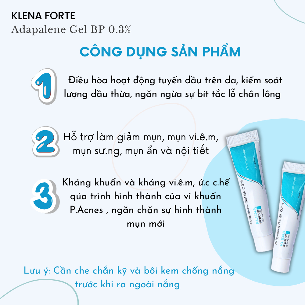 Gel Giảm Mụn Klena Forte, Adapalene gel 0,3% giúp giảm mụn, mờ thâm, dưỡng ẩm và ngăn ngừa lão hóa 15g