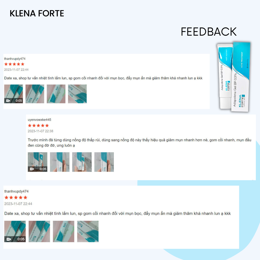 Gel Giảm Mụn Klena Forte, Adapalene gel 0,3% giúp giảm mụn, mờ thâm, dưỡng ẩm và ngăn ngừa lão hóa 15g