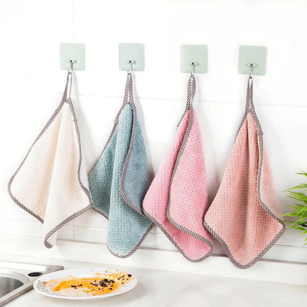 Khăn Bông Lau Bếp, Lau Tay, Lau Chén Bát 2 Mặt Có Dây Treo 25X25cm