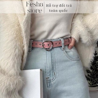 Thắt lưng Y2K mặt trái tim màu Trendy da PU bản 2.4cm_thắt lưng nữ màu hồng Blackpink
