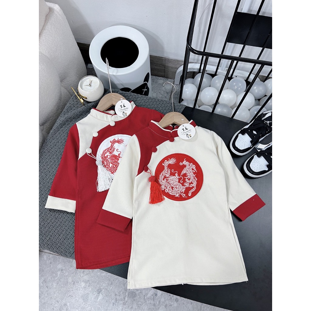 Áo dài cách tân nhung chéo phối đỏ trắng cho bé trai 8-28kg