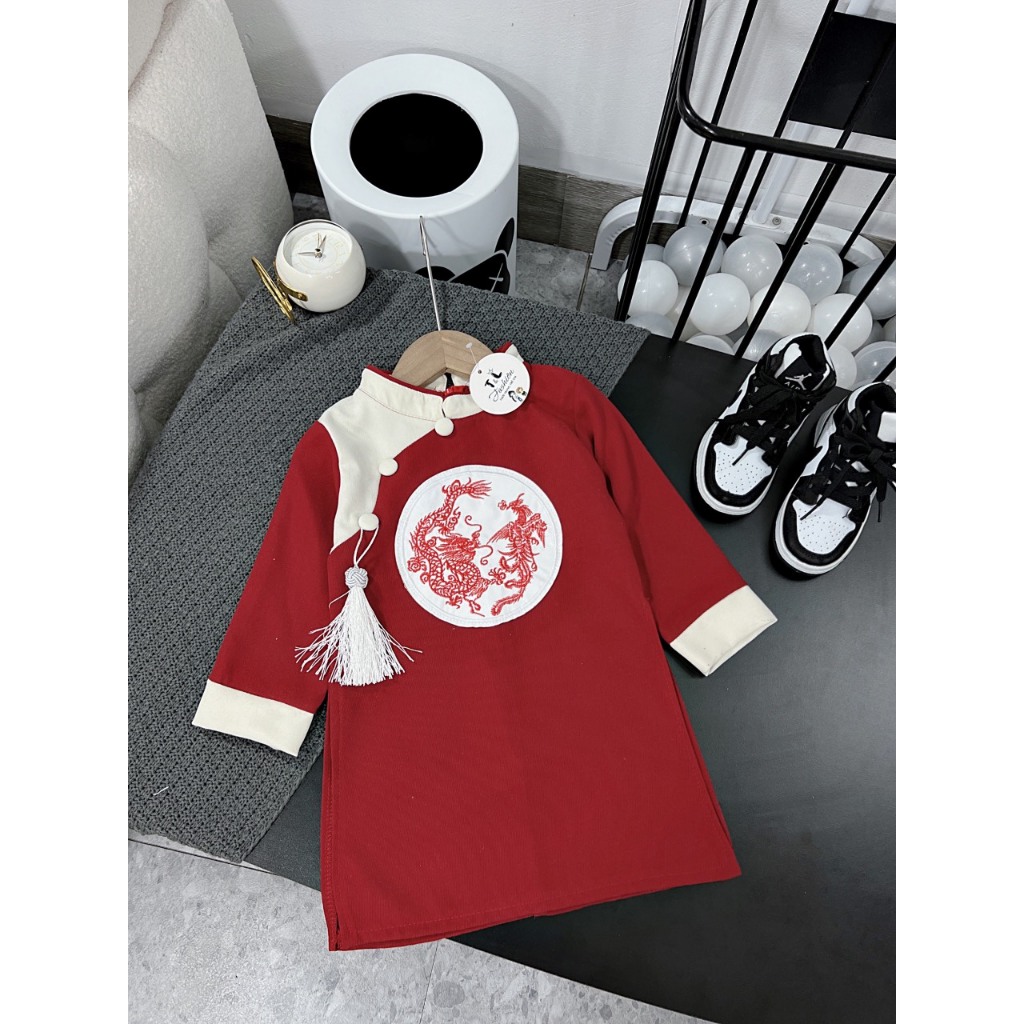 Áo dài cách tân nhung chéo phối đỏ trắng cho bé trai 8-28kg