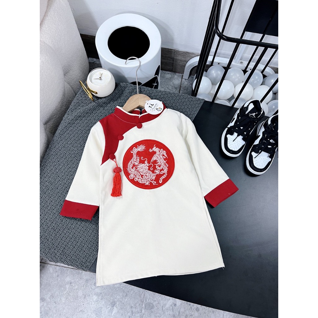 Áo dài cách tân nhung chéo phối đỏ trắng cho bé trai 8-28kg