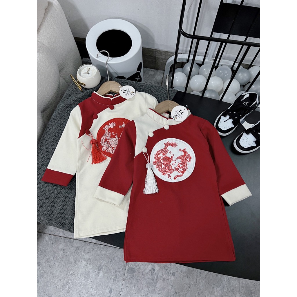 Áo dài cách tân nhung chéo phối đỏ trắng cho bé trai 8-28kg