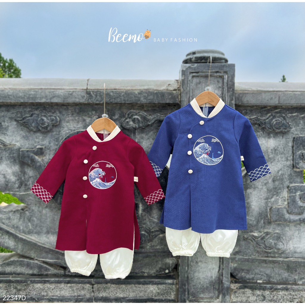Set áo dài  cổ tàu nút lệch hình thêu Hải Long Châu Beemo cho bé trai