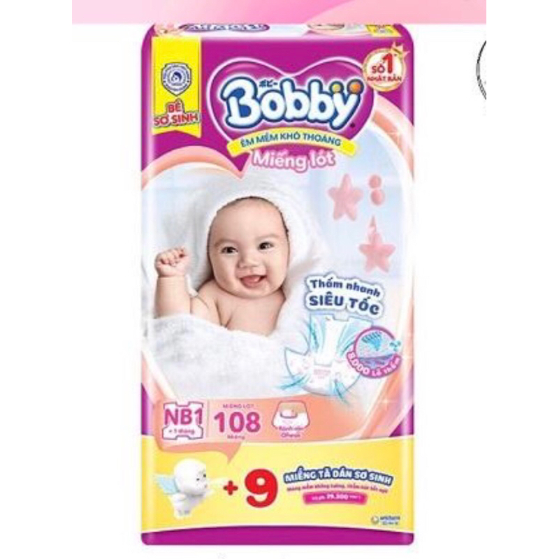 Bỉm tả lót Bobby 108 miếng + 9 miếng dán