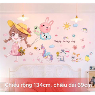 Decal dán tường Cô bé hạnh phúc trang trí phòng ngủ, tranh dán tường, giấy dán tường, trang trí tường