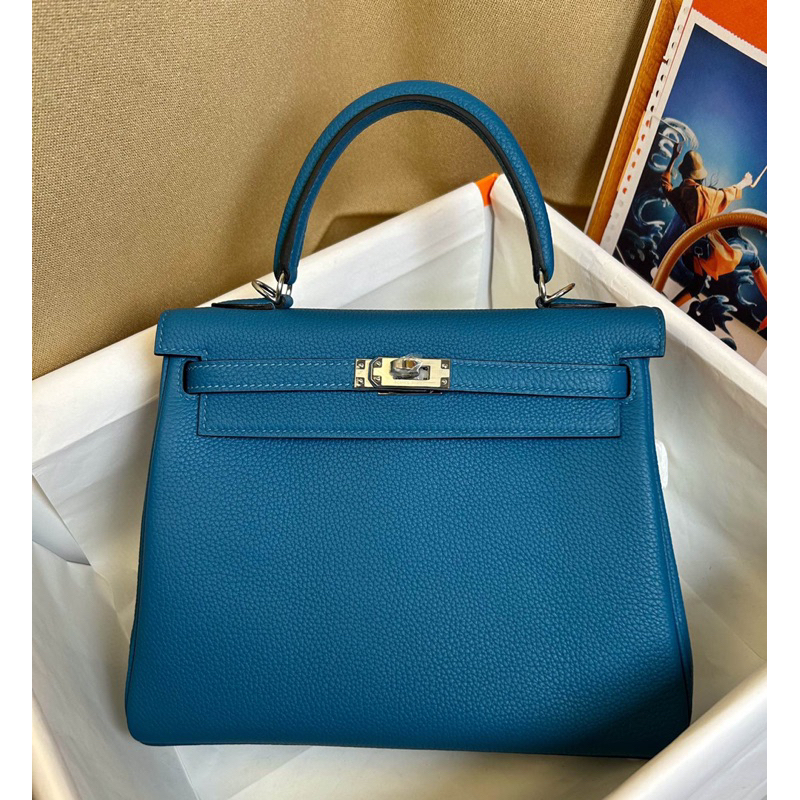 Túi xách HM Kelly da togo da thật nàu xanh size 25 cm. Túi (1:) full box