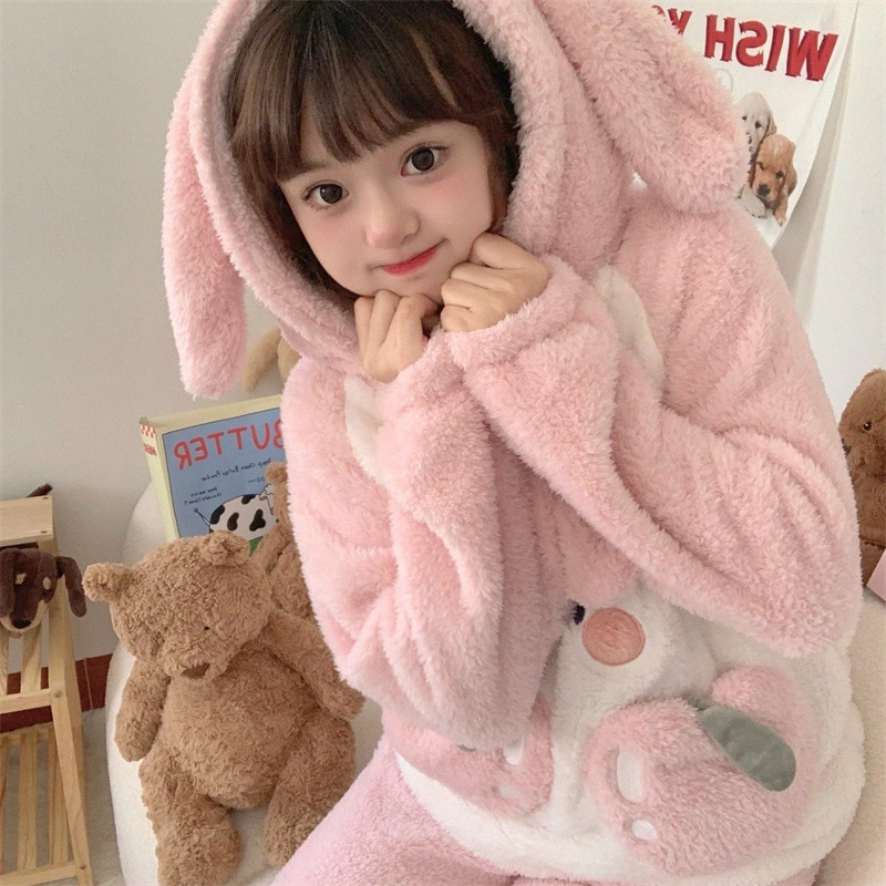 Bộ đồ ngủ lông cừu mũ tai thỏ thêu trái đào dễ thương, Sét bộ mặc nhà lông gấu đính nơ cute màu hồng ấm áp mùa đông