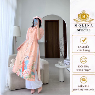 Set Áo Dài Lụa In Hoạ Tiết Cô Gái Thiết Kế Molina, Điệu Đà Thanh Lịch Bao Gồm Mấn Đội Cực Xinh Để Du Xuâ