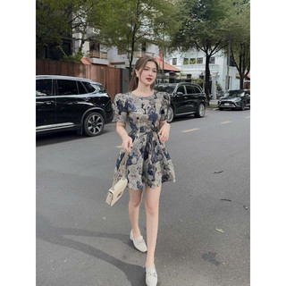 Đầm thời trang nữ mặc đi chơi cổ tròn dáng váy xoè chất vải Bố Dạ hoạ tiết hàng loại 1,