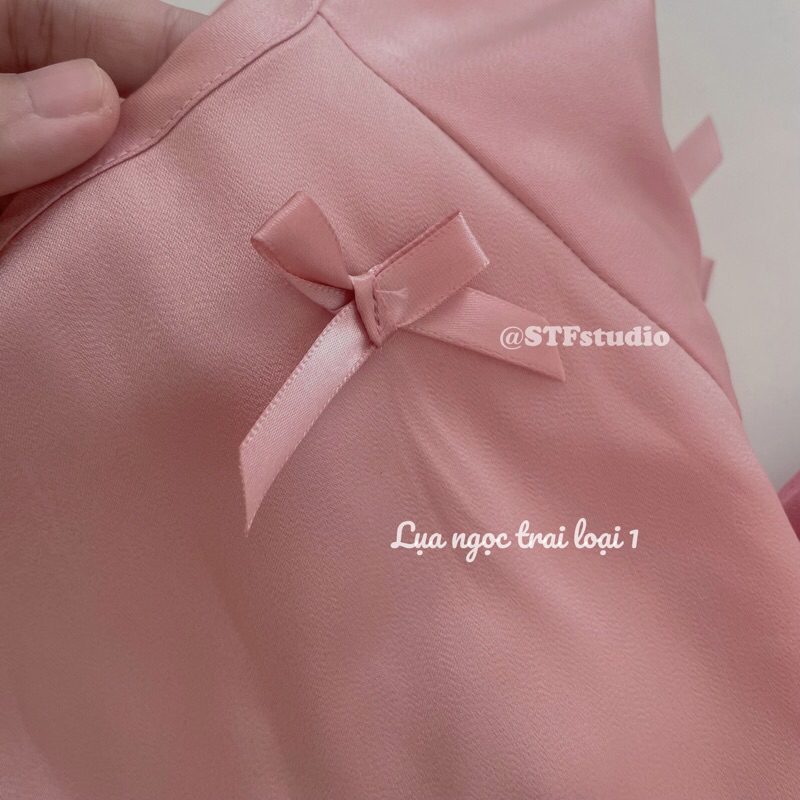 Áo Dài Lụa Bé Gái Cách Tân Màu Hồng Baby Đính Nơ Cute Kèm Bờm