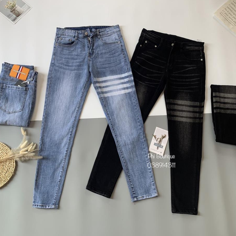 Quần JEANS THOME 4 Vạch Trắng Nam Quần bò nam Thom 4 sọc Trơn Phối Dập Kẻ Trắng Đùi hot trend