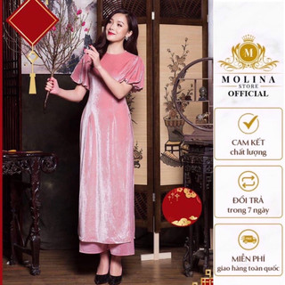 Set Áo Dài Nhung Quần Lụa Thiết Kế Nữ Molina Cổ Tròn Tay Bồng Nữ Tính Tôn Dáng Phù Hợp Đi Chơi Tết Dạo Phố