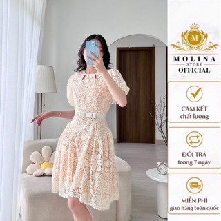 Đầm Ren hoa mai Thiết Kế Dáng Xòe điểm nhấn đai eo Nữ  tính TK Molina Cổ Tròn Tay Bồng nhẹ, Chất Liệu renHai Lớp Mềm Mịn