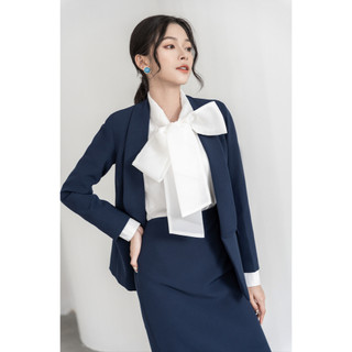 Áo Blazer suông thiết kế cao cấp MAJCO, Áo vest công sở cổ kiểu cách điệu 2 lớp, màu xanh than
