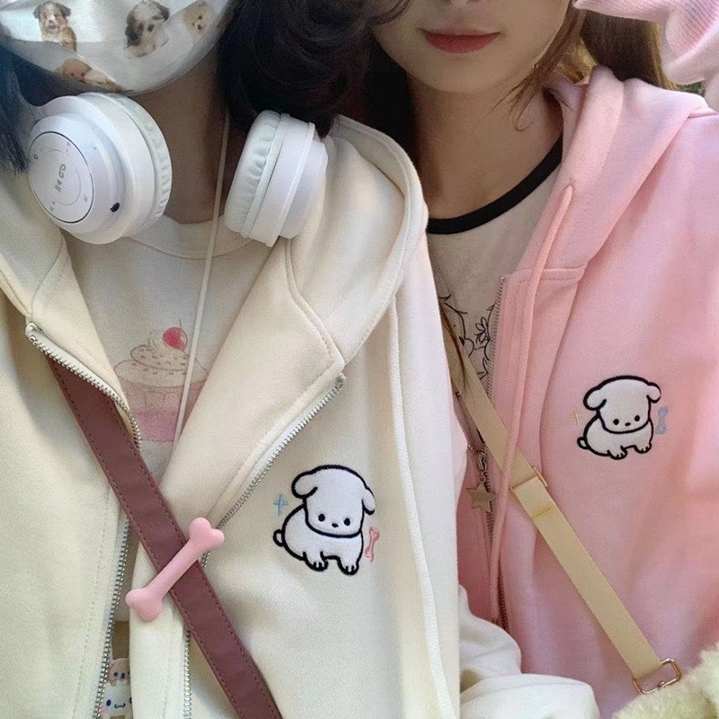 Áo khoác nỉ dài tay mũ 2 lớp họa tiết cún cute - Jacket mùa đông form rộng màu sắc pastel phong cách trẻ trung hàn quốc