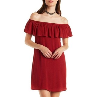 Đầm đỏ bẹt vai xuất khẩu Export of red flat shoulder dress WN1026
