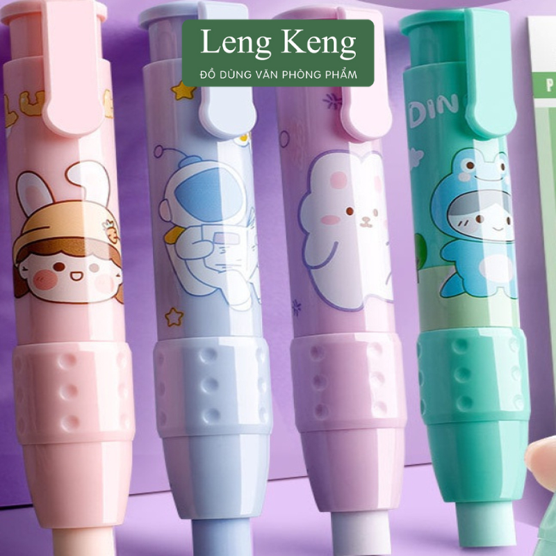 Tẩy bút chì dạng bấm Leng Keng, Kèm 2 cục tẩy thay thế tiện dụng hình in hoạt tiết dễ thương