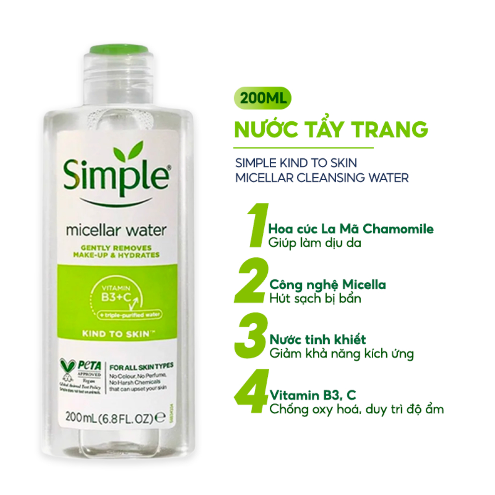 Nước Tẩy Trang Simple Micellar Làm Sạch Trang Điểm Cho Da Thoáng Mịn Tức Thì