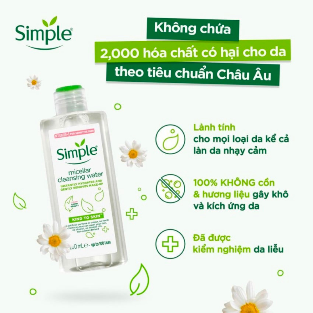 Nước Tẩy Trang Simple Micellar Làm Sạch Trang Điểm Cho Da Thoáng Mịn Tức Thì
