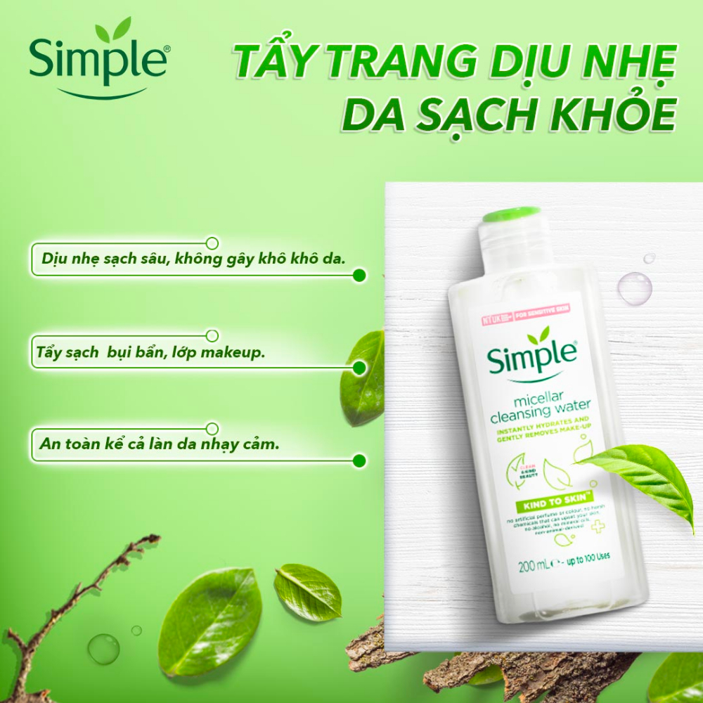 Nước Tẩy Trang Simple Micellar Làm Sạch Trang Điểm Cho Da Thoáng Mịn Tức Thì