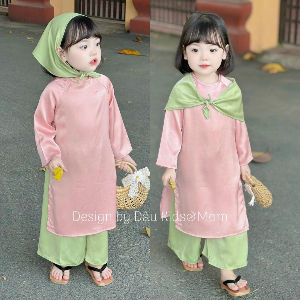 Áo dài tết cho bé gái,  Áo dài cách tân chất lụa mềm mịn, tặng kèm khăn mỏ quạ cho bé 10-30kg