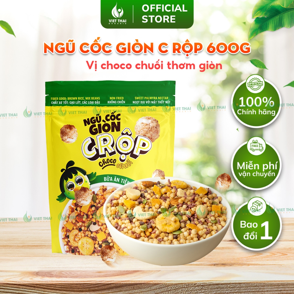 Ngũ Cốc Giòn Rộp Vị Choco Chuối Granola Gạo Lứt Ăn Sáng Ít Đường Ăn Kiêng Giảm Cân 600G Việt Thái Organic