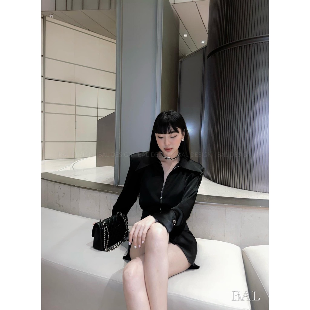 Váy lụa khóa kéo sang chảnh có đệm vai đứng form