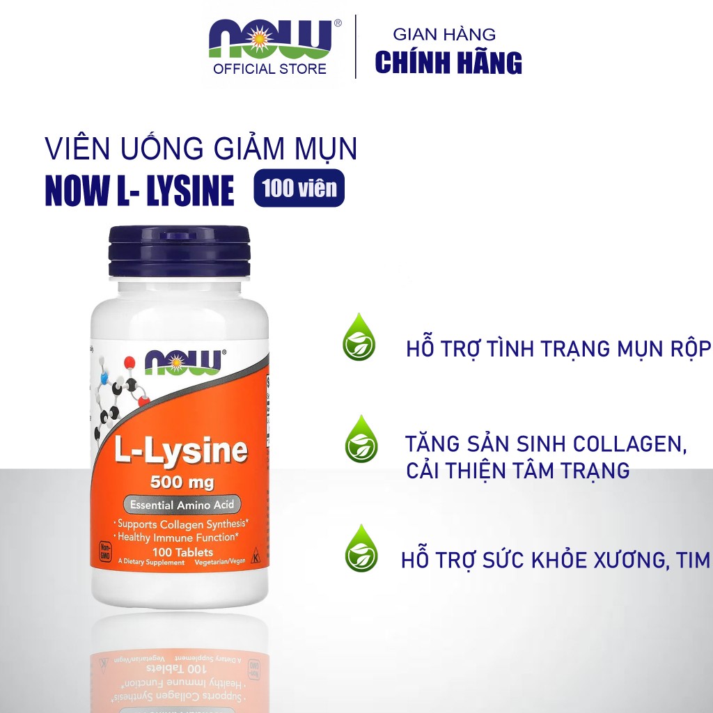 L-Lysine Now 500mg giảm mụn nội tiết, hỗ trợ miễn dịch, tăng sinh collagen